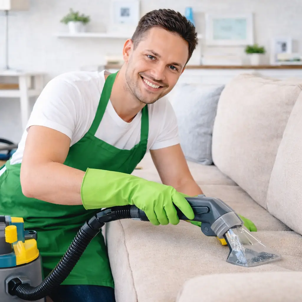 Team member with cleaning supplies